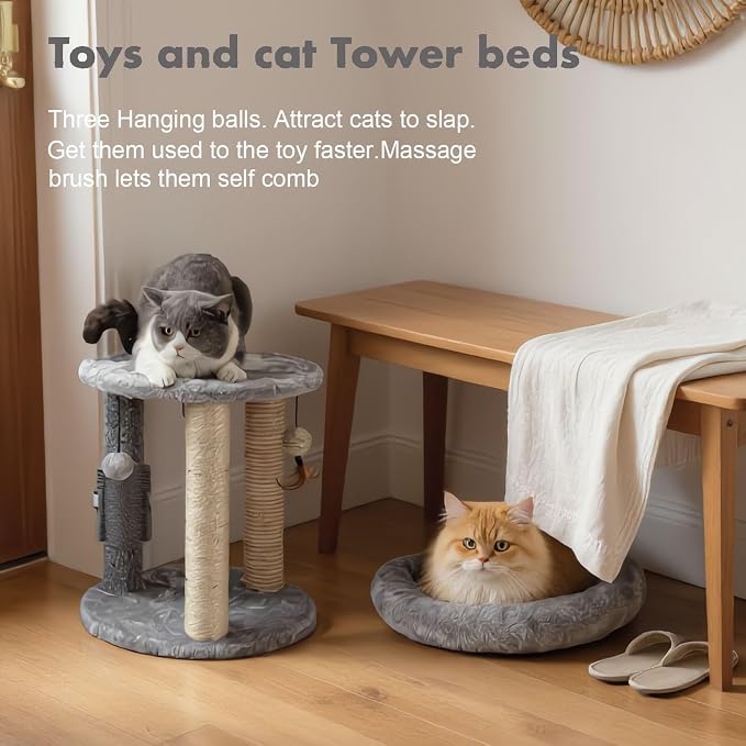 MECOOL 4in1 Small Cat Tree,Scratching Post with Tower Soft Bed, Sisal Carpet Jute Posts with Three Hanging Ball Toys and Massage Brush for Indoor Cats and Kittens