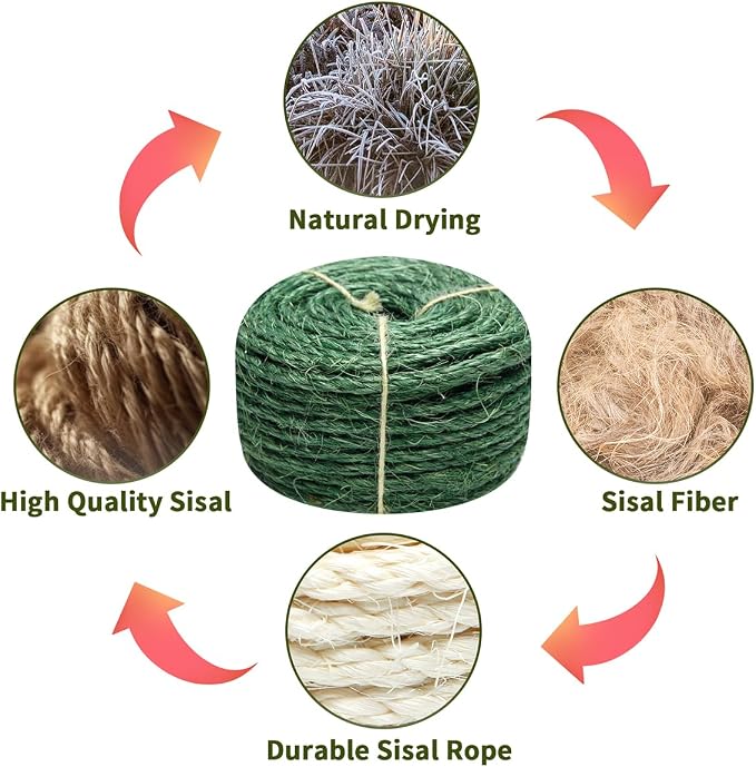 Green Sisal Rope 1/4 Inch by 65-Feet for Cat Scratching Post Tree Tower Replacement Repair and Replace, DIY Hemp Twine Rope for Kittens Shelves Scratch Mat Window Bed Perch Climbing, 6mm by 20m