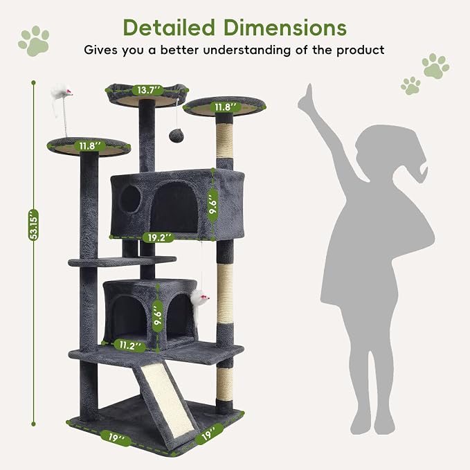 53in Cat Tree House with Scratching Post & 2 Caves for Indoor Cats
