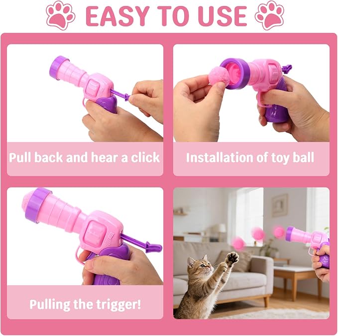 Cat Ball Pit for Indoor Cats, Collapsible Interactive Cat Toy Set with Pom Pom Launcher Crinkle Balls Jingle Bells Springs Toy Mice, Foldable Enrichment Play Pen for Bored Kittens Self Play (Pink)