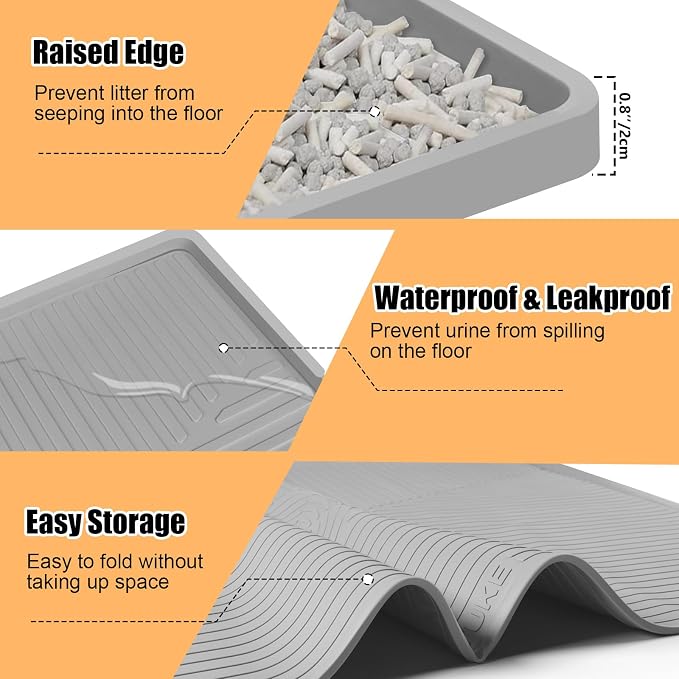 Silicone Cat Litter Mat 50" x 36" Cat Mat for Litter Box, Light Grey | Extra Large Cat Litter Trapping Mat for Floor, Waterproof, Non-Slip Kitty Litter Box Mat with Raised Edge, Easy to Clean