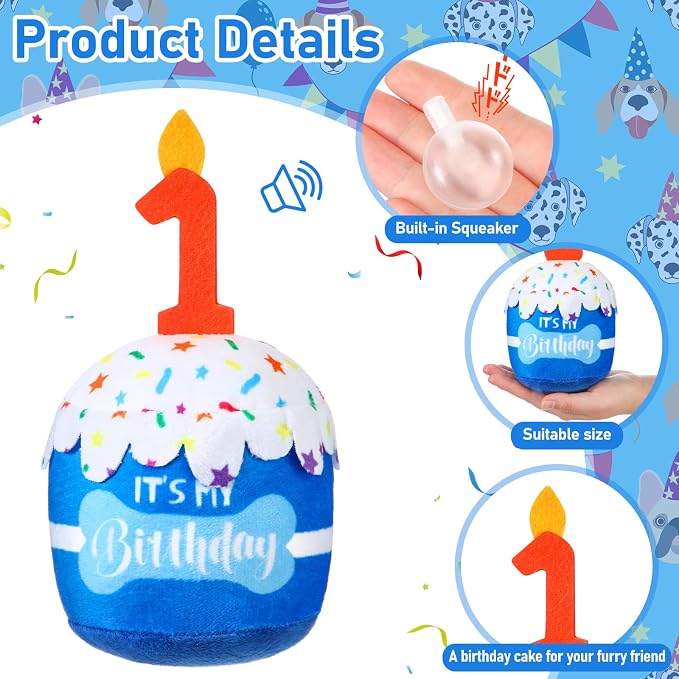 Dansydaisy Dog Birthday Cake Toy Squeaky Plush Toy for Girl Boy Gifts, Chew Accessories for Dog Birthday Party Decor Favor for Large, Medium and Small Dogs(1st,Blue)