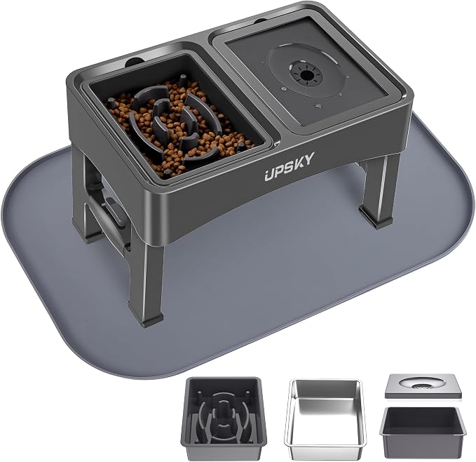 UPSKY 3-in-1 Elevated Dog Bowls Set with 4 Height Adjustable Stand and Mat | 304 Stainless Steel Bowl, No Spill Water Bowl, Slow Food Bowl, Anti-Slip, Dishwasher Safe, Suitable for Small Medium Dogs