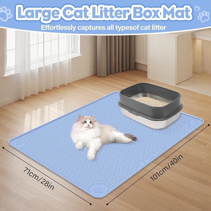Silicone Cat Litter Mat for Litter Box 40”x28” Large Cat Mat, Blue | Waterproof, Non-Slip, Leak-Proof Rug Mat with Lip, Easy to Clean, Extra Large Litter Catcher Mat for Floor