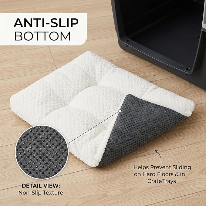 24 Inch Dog Crate Bed for Small Dogs, Washable Dog Crate Pad for Dog Cages, Soft Jacquard Flannel Kennel Mat with Anti-Slip Bottom, Fluffy Crate Mat for Puppies and Small Dogs,White