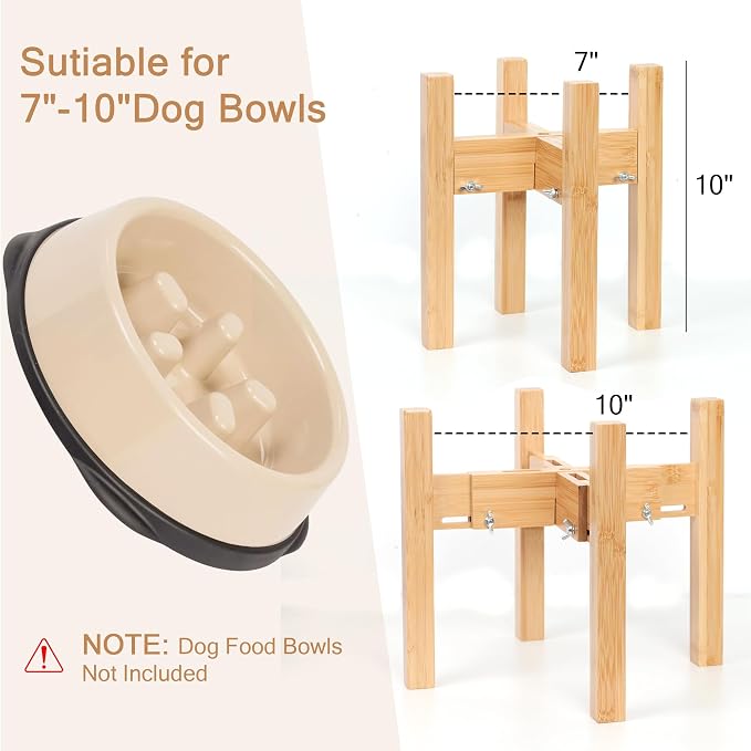 Elevated Dog Bowl Stand Adjustable Dog Food Holder 10”H Medium Bamboo | 10” Elevated Dog Bowl Stand, Medium Dogs, Adjustable, Fits 7”-10” Bowls, Single Bowl Holder, Natural Bamboo, Classic