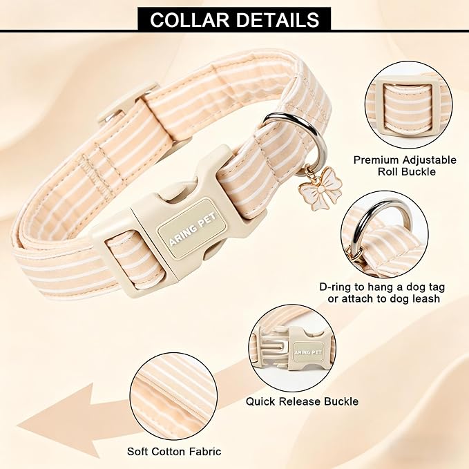 ARING PET Stripe Dog Collar, Cute Spring Summer Khaki Stripe Pet Collars with Bow Charm for Puppy Small Medium Large Boy Girl Dogs, for Daily Outdoor Walking Beach Stroll-XS