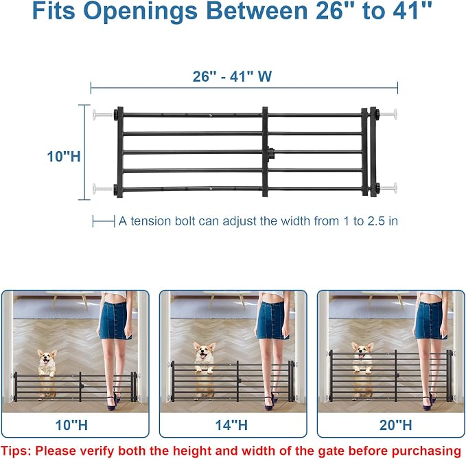 Malier Indoor Dog Gate with Door, 26-41" Extra Wide Full Metal Pet Gate Short Dog Gate for Stairs, Pressure Mount 10'' Tall Small Puppy Low Gate Easy Step Over for Doorways
