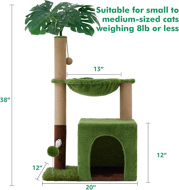 WOOCHPET Palm Tree Cat Tree 37 Inch Scratching Post Tower Tropical Jungle Playground with Natural Jute Sisal Rope Cozy Plush Hammock Private Cave Condo Toy Mouse Stable Faux Grass Base