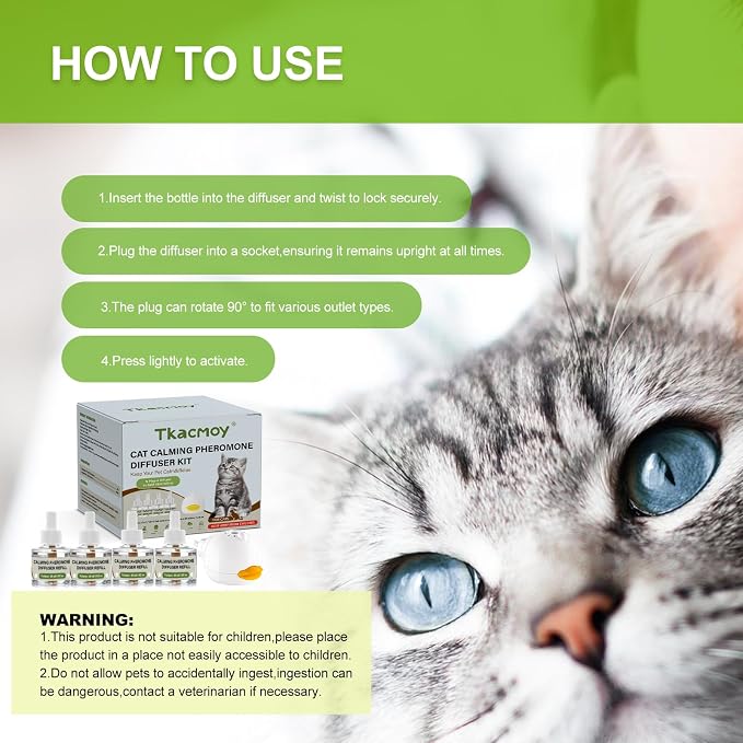 Cat Calming Diffuser, 4-in-1 Pheromone Refills for Anxious Cats, 120-Day Continuous Stress Relief for Multi-Cat Harmony (C)