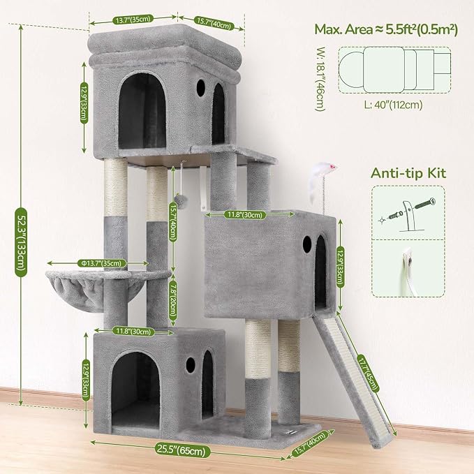 Globlazer Heavy Duty Cat Tree for Indoor Cats Large Adult, F52B, Light Grey | 3 Condos, Extra-Large Baseboard, Removable Top Perch, 4 Sisal Posts & Board, Hanging Basket, Anti-Topple Strap, Easy Setup