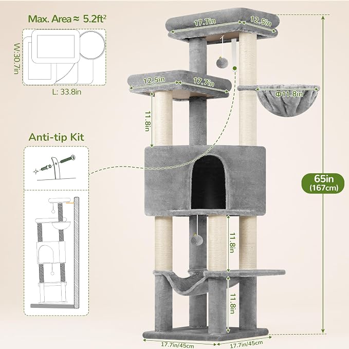 Globlazer F65D Corner Cat Tree Tower with Scratching Posts, Light Grey | 65in Multi-Level Large Cat Scratching Tower with Hammock, 6 Scratching Posts, Basket and 2 Perches for Indoor Multiple Cats