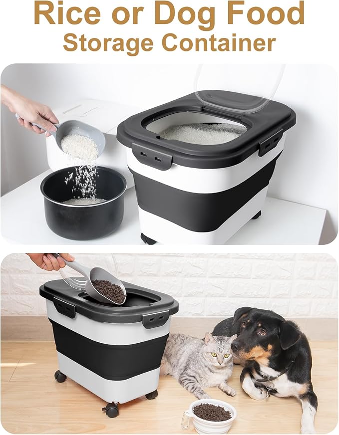 20-30 Lbs Rice Storage Container,Collapsible Food Storage Container | Flour Storage Container with Wheels Airtight Locking Lid,Rice Container Double Seal,Keep Fresh for Pet Food,Rice,Flour