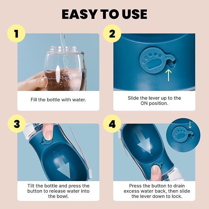 MalsiPree Dog Water Bottle Dispenser - 12 oz Blue, Leak-Proof | 12oz leak-proof bottle - one-hand use - built-in bowl - Use for dog walks, travel, hiking & beach days