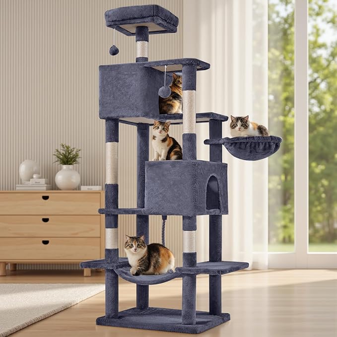 DUMOS Large 66 Inch Cat Tree Tower with Scratching Posts, Indoor Use | Tall Multi Level Cat Climbing Tower with Hammock, Pet Condo for Cats and Kittens Play, Dark Grey