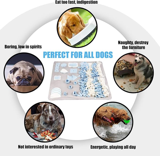 Snuffle Mat for Dogs: Slow Food Interactive Experience - 7 Enrichment Foraging Games for Large Dog Owners Needing to Burn Pet Energy - Washable 1000 Times - 38x38 inch - Grey