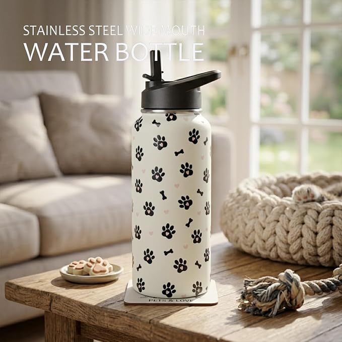 32oz Dog Paw Insulated Water Bottle with Straw, Gym Hiking Sports Coffee Mug Cup, Dog Paw Gifts for Women Decor Accessories