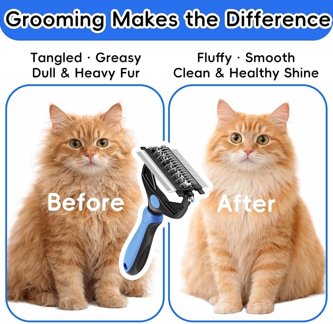 3-in-1 Professional Pet Grooming Brush for Dogs & Cats – Dematting Comb, Undercoat Rake & Deshedding Tool for Long & Short Hair, Heavy Shedding & Matted Fur (Blue)