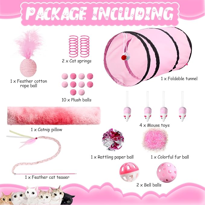 Foilswirl 24 Pcs Cat Toys Set Interactive Kitten Toys Pack Including Collapsible Play Tunnel Feather Teaser Wand Fuzzy Ball Springs Pillow Mouse Bells for Indoor Cats Puppy(Pink)