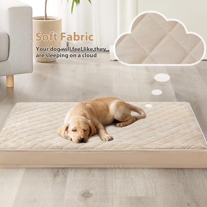 WNPETHOME Orthopedic Waterproof Large Sized Senior Dogs Bed for Comfy Sleep | Washable Ped Bed with Removable Cover, Multi-Needle Quilting Large Dogs Crate Bed for Dog Relax, Beige 36x27 Inch