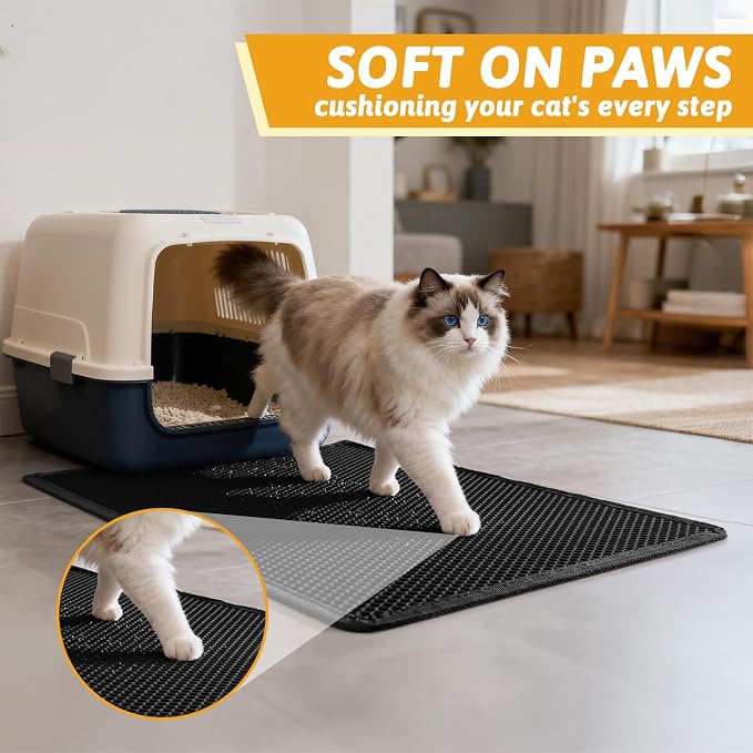 Pieviev Kitty Litter Mat, Double-Layer Waterproof Design, 30" x 24" Black | Honeycomb Litter Box Mat Catches Scattered Particles to Stop Tracking, Urineproof Base protects Floors, Easy to Clean