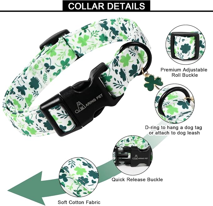 ARING PET St Patrick's Day Dog Collar, Cute Green Lucky Clover Shamrock Puppy Pet Collars for Small Medium Large Boy Girl Dogs-L