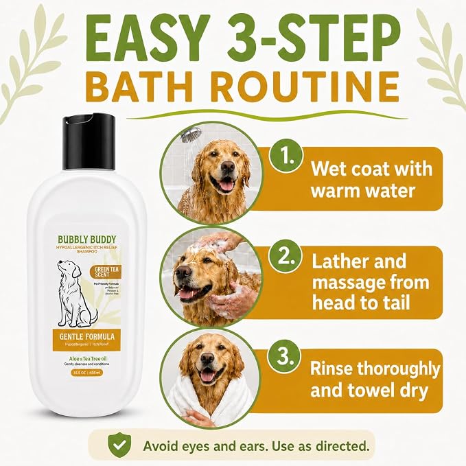 Hypoallergenic Itch Relief Shampoo for Dogs, Green Tea Scent Dog Shampoo with Aloe, Tea Tree Oil, Colloidal Oatmeal, Jojoba Oil & Vitamin E, pH Balanced Sensitive Skin & Anti-Itch Care, 15.5 fl oz