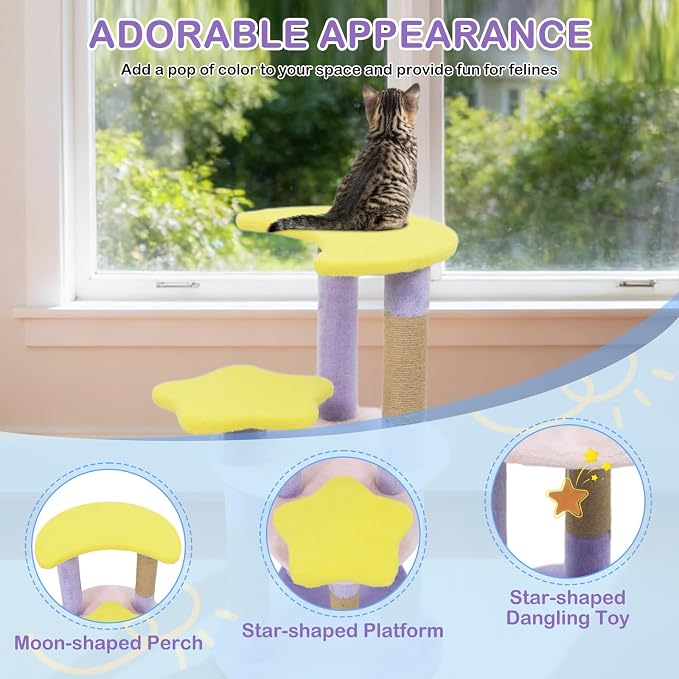 PETSITE 29-inch Cute Cat Tree, Multi-Level Small Cat Tree with Jute Scratching Post, Dangling Toy, Star and Moon-Shaped Perches, Ideal for Indoor Cats (Purple)
