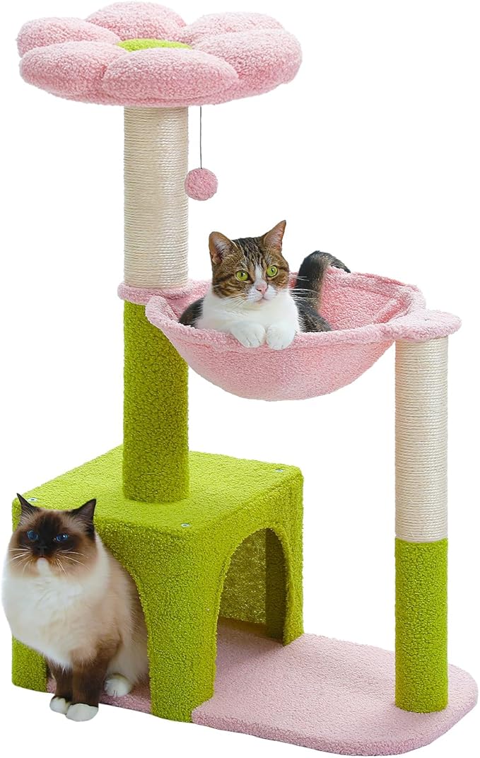 Flower Cat Tree with Large Metal Frame Hammock, 35" Cute Cat Tower with Sisal Scratching Posts for Small Indoor Cats, Cat Condo with Pink Top Perch for Kittens, Pink | Flower-shaped top perch, Metal frame hammock, Sisal scratching posts, Cozy pink cond...