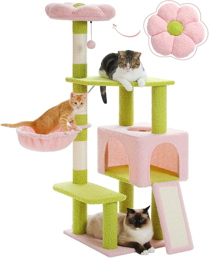 Flower Cat Tree 47.2" Multi-Level Cat Tower with Sisal Covered Scratching Posts, Cute Cat Condo for Indoor Small Medium Cats, Pink Top Perch, Fluffy Ball, Pink | Multi-level layout, Sisal-wrapped posts, Pink flower perch, Fluffy ball toy, Cozy condo, F...