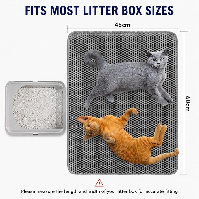Cat Litter Mat 24 x 18 Inch, Double-Layer Honeycomb Litter Trapping Mat with Waterproof Leatherette Bottom, Urine-Resistant, Non-Slip, Easy to Clean, Gray
