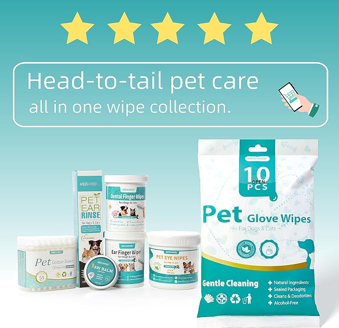 MEDUWEDU Ear Cleaner Finger Wipes 60 Counts, Dog Ear Cleaner, Grooming Kit Care for Dogs and Cats, Soft & Easy Otic Cleaning Pads, Remove Wax, Dirt & Stop Smelly, Itchy, Non-Irritating, Peach Scent