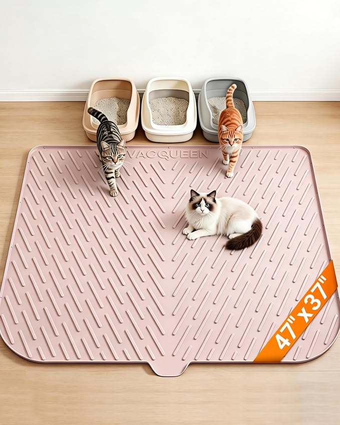 Cat Litter Mat, 47"x37" Extra Large Litter Box Mat, Silicone Mat, Pink | Waterproof Litter Trapping Mat for Scatter Control, Soft on Cat Paws Non-Slip Easy to Clean