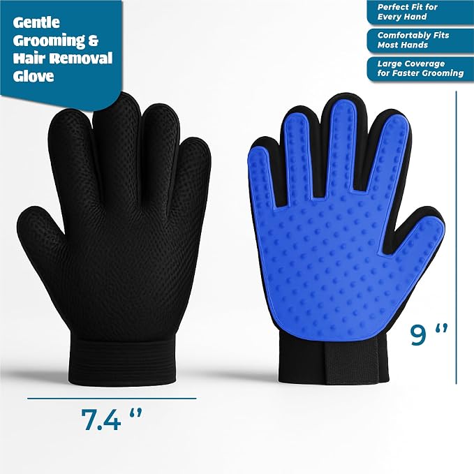 Pet Grooming Gloves – Efficient Dog & Cat Grooming Gloves 2-in-1 Deshedding Glove & Massage Mitt for Bathing, Washing & Shedding, Safe for Short/Long Hair – 2pcs (Blue)