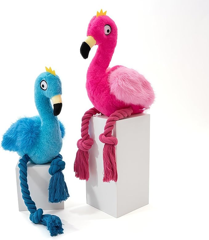 Plush Flamingo Dog Toy, Blue, Squeaky Stuffed Animal with Rope Legs, Interactive Chew Toy for Small, Medium Dogs