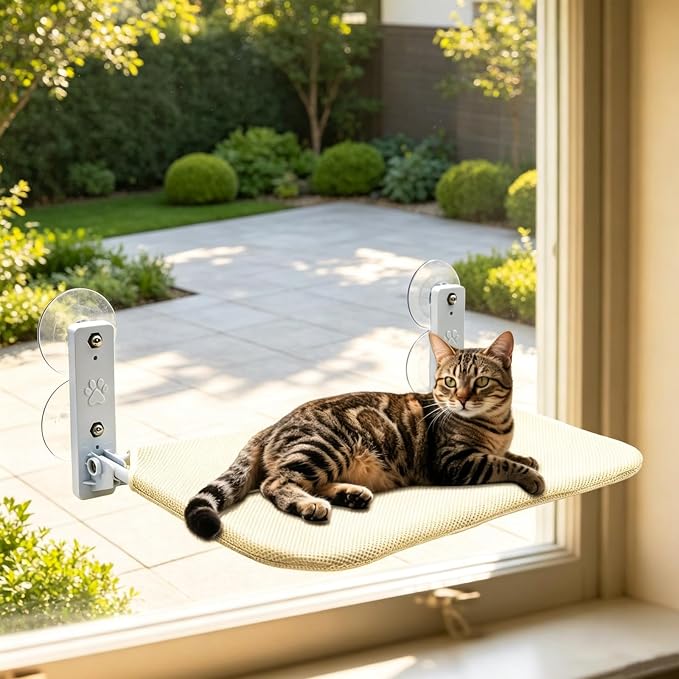 Regular Beige Cat Window Perch – Cordless Foldable Hammock Bed, Zip‑Off Machine Washable Cover, Sturdy Metal Frame Window Bed for Cats and Kittens