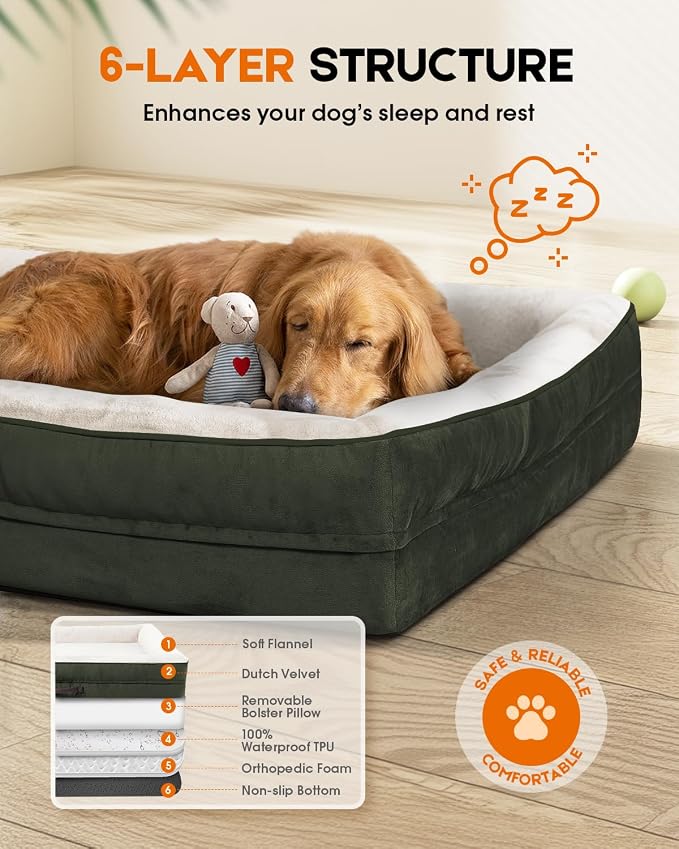 Upvilla XXL Orthopedic Dog Bed, Four-Sided Cushioned Egg-Shaped Foam Dog Sofa, Waterproof Removable Cover, Pet Sofa Bed with Non-Slip Base, Giant Dog Bed,Green