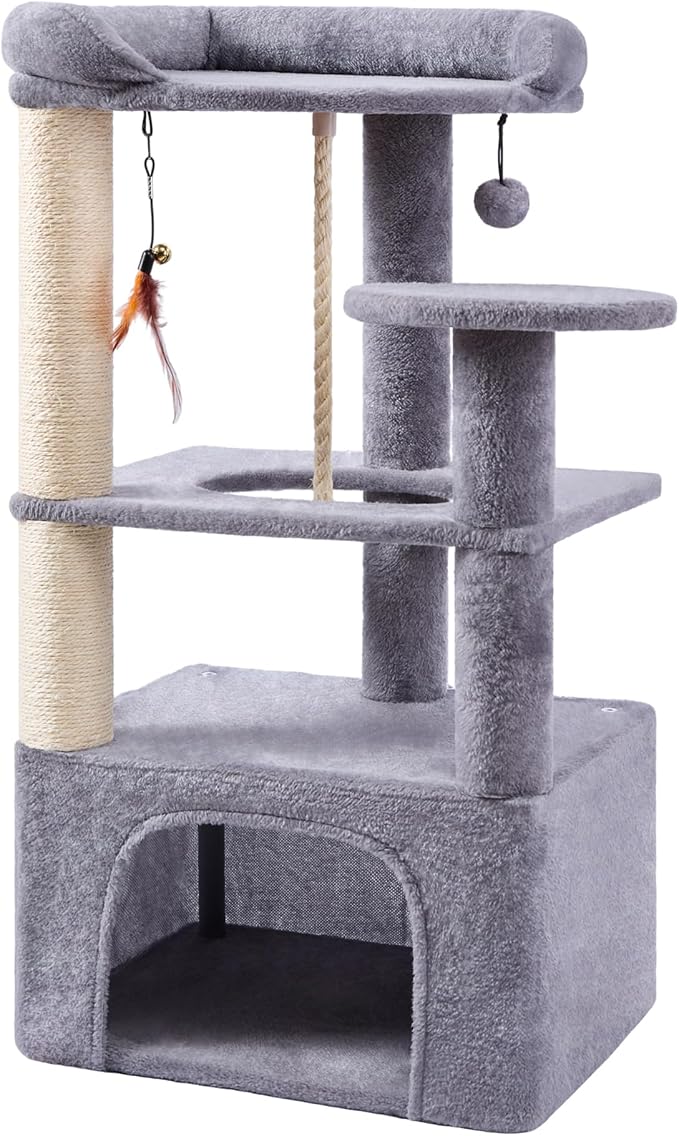 AIWIKIDE 31.5 Inch Cat Tree for Indoor Cats, Multi-Level Medium Cat Tower with Plush Perch, Sisal Scratching Posts and Private Condo for Kittens, Grey