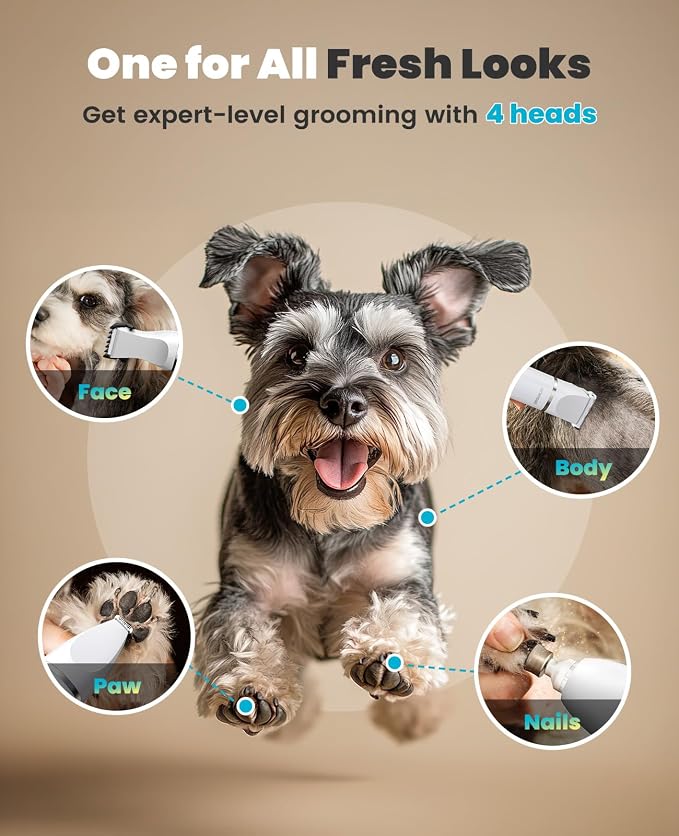 oneisall 4 in 1 Dog Grooming Kit with LCD Display (White) | Paw Hair Trimmer & Nail Grinder, Rechargeable, Cordless, Low Noise, IPX7 Waterproof, 3 Speeds Pet Grooming Clippers