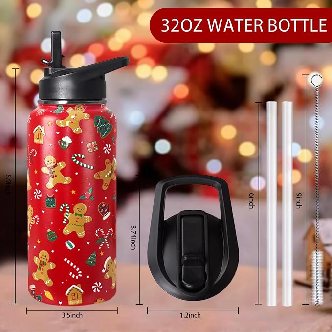 32oz Christmas Gingerbread Insulated Aater Water Bottle with Straw Gym Hiking Sports Coffee Mug Cup Water Bottles,Christmas Gifts for Women,Christmas Decor Stuff Accessories