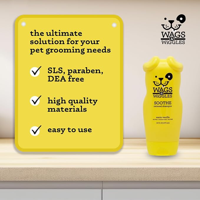 Wags & Wiggles Soothe Oatmeal Dog Shampoo, Warm Vanilla, 16 Oz | pH-balanced colloidal oatmeal formula, for dry, itchy, or sensitive skin, SLS and paraben free daily