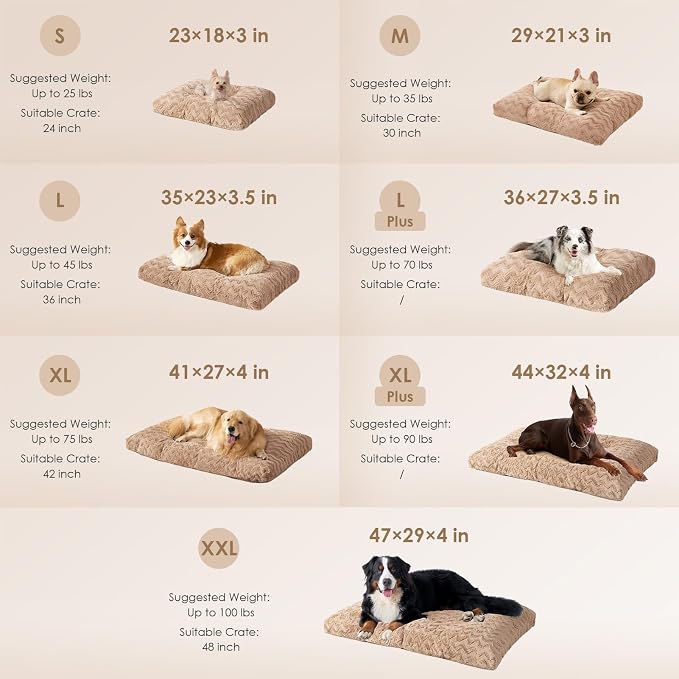 EHEYCIGA Washable Dog Bed for Crate 36x27 Inch, Anti-Slip L Plus Kennel Pad for Dogs Up to 55 lbs, Plush and Comfy Pet Sleeping Mat, Camel