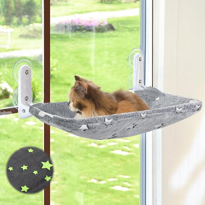 Zoratoo Glow in the Dark Cat Window Perch, Foldable Cordless Pet Hammock, M | Glowing Stars Fabric, Sturdy Metal Frame, Removable for Machine Wash, Comfortable Sunken Design Resting Seat for Indoor Cats