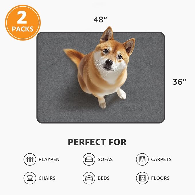 Washable Dog Pee Pads, 2 Pack, 36x48 Reusable Puppy Pads, Waterproof | Leakproof Dog Mats, Non-Slip Puppy Training Pads for Whelping, Playpen, Crate, Senior Dog Incontinence, Housebreaking