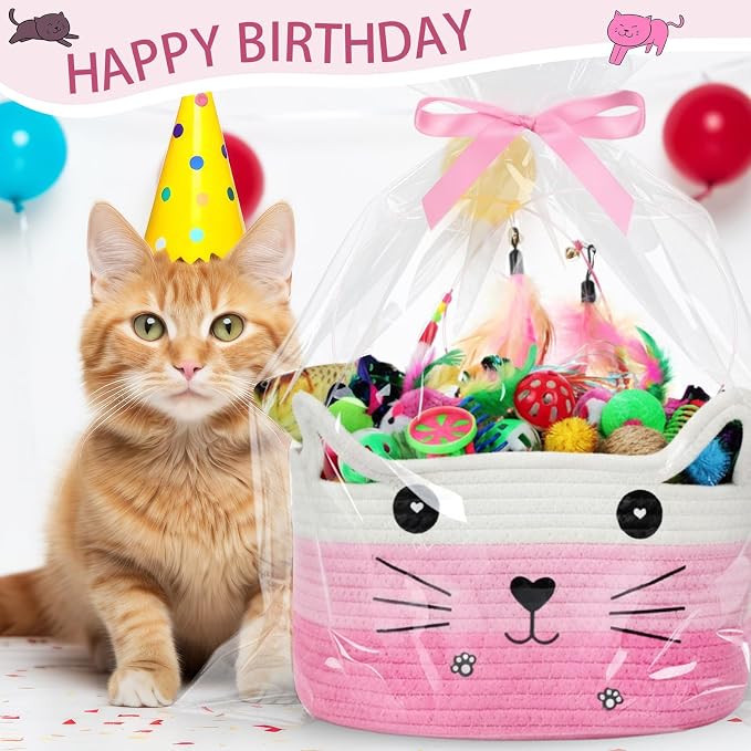 Zopeal 76 Pcs Cat Storage Basket Gift Toys Set Interactive Cat Toys Kitten Wand Colorful Flashing Balls Pet Crinkle Balls Attract Kitten to Swat, Hunt for Pet Indoor(Pink)