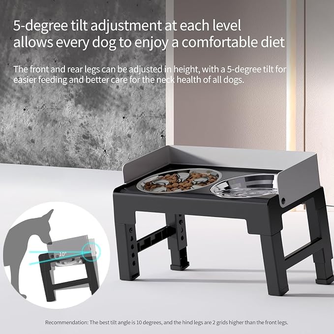 Elevated Dog Bowls with Stainless Steel Slow Feeder Bowl for Medium and Large Dogs, Spill-Proof Tiltable Dog Feeder with 2 Bowls, 6-Height Adjustable Raised Dog Bowl Stand