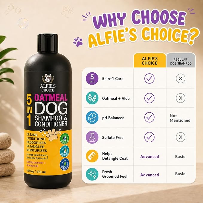 Oatmeal Dog Shampoo and Conditioner for Itchy Skin Relief 16 fl oz | 5-in-1 Puppy Shampoo for Sensitive Skin | Clean, Condition, Deodorize & Detangle | Dog Wash for All Breeds | ALFIE'S CHOICE