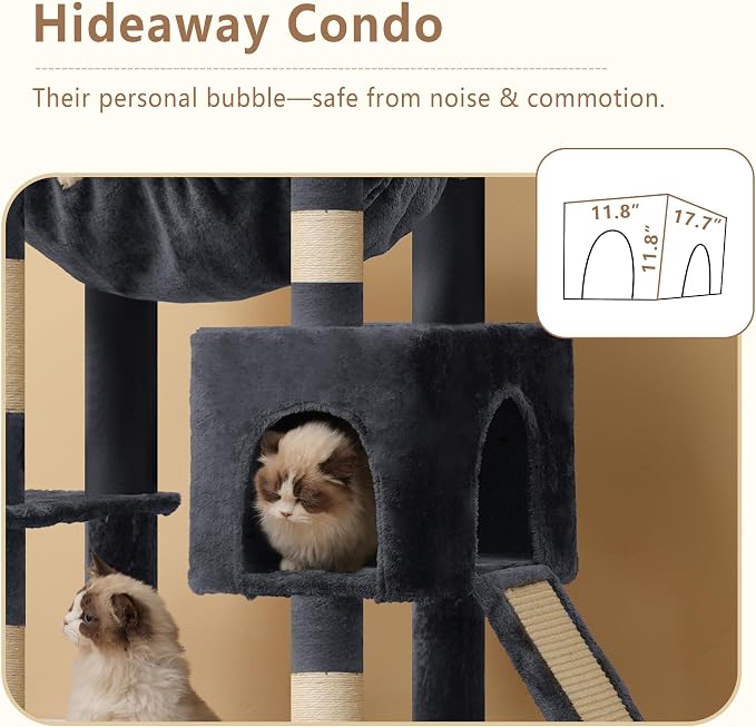 Heybly 64.2" Heavy-Duty Cat Tree for Large Cats with Wide Base HCT027G | Indoor Cat Tower with Scratching Posts & Board, Cat Furniture with Big Platforms, Extra-Large Hammock, Smoky Gray