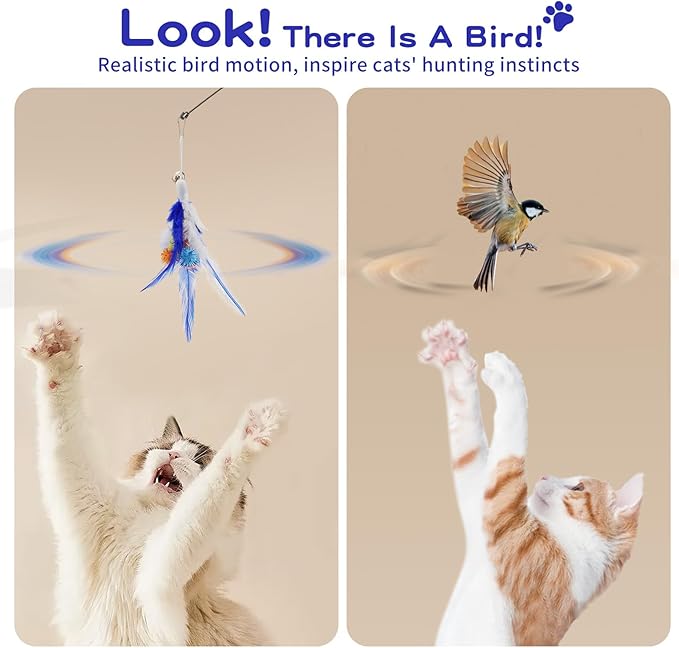 Pawaboo Feather Teaser Cat Toy, Interactive Feather Wand Cats Toy Flying Feathers Cat Catcher with Extra Long 34.5" Wand and Small Bell, Exerciser Playing Toys for Kitten or Cats, Blue