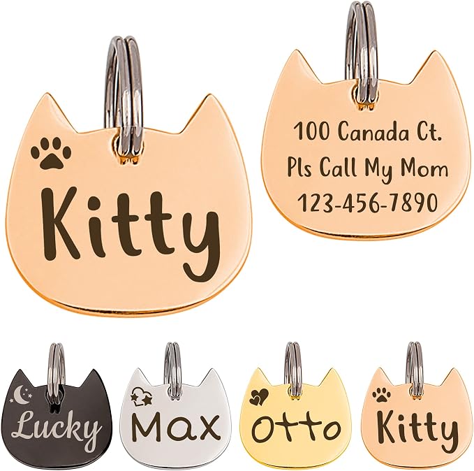 Anavia Cat Head & Fish Shape Pet ID Tags, Personalized Funny Icon Design Cat Name Tag, Customized Gold Plated Glossy Stainless Steel Black Rainbow Cat Dog Collar Tag (Small, Cat Head Shape, Rose Gold)